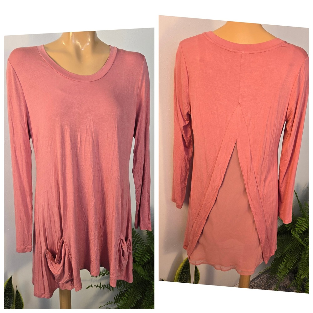 LOGO Lori Goldstein Tunic Women Medium Pink Layered Back Sharkbite Side Pockets